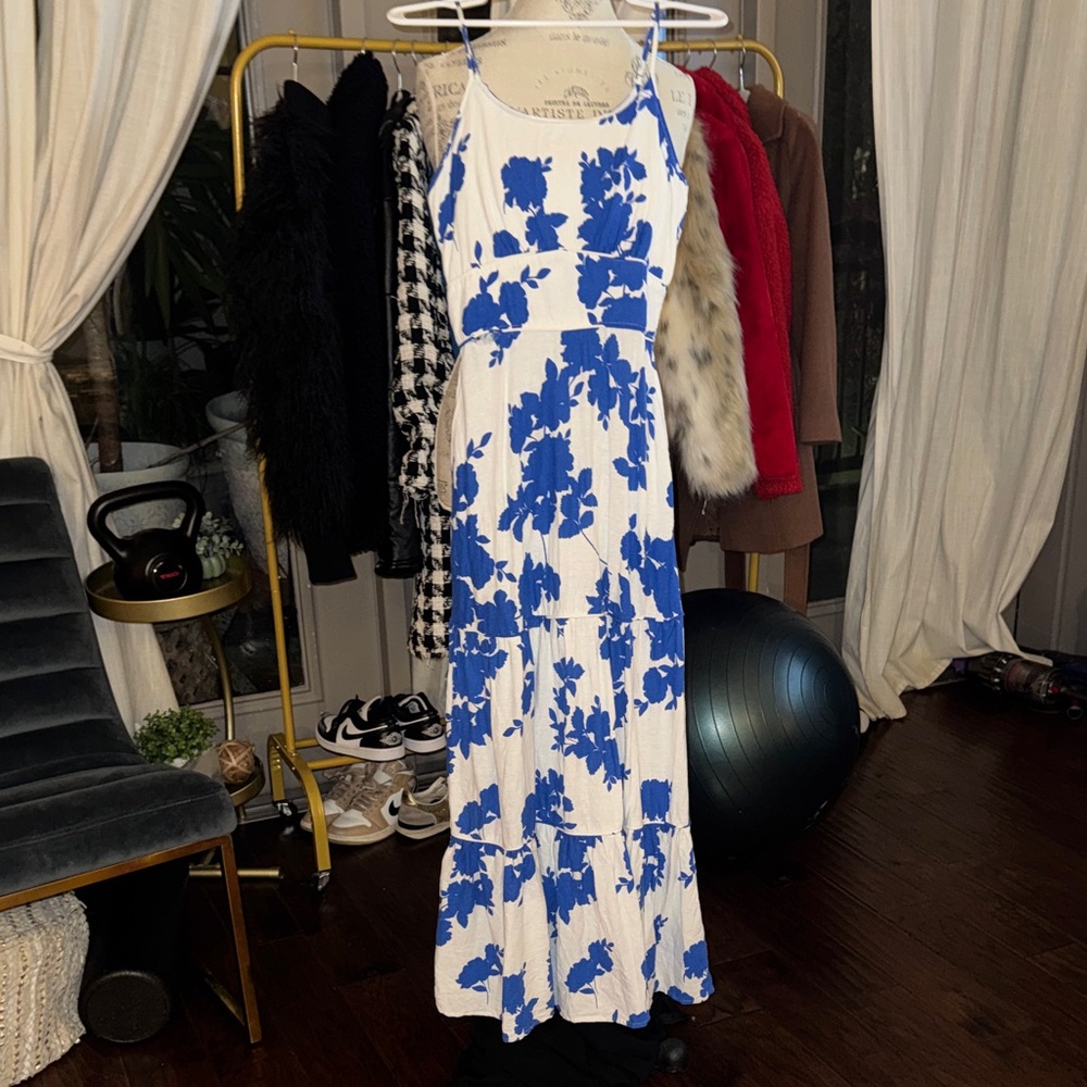 Cynthia Rowley Blue White Floral Maxi Dress w/ hand pockets adjustable straps XS - Picture 1 of 14